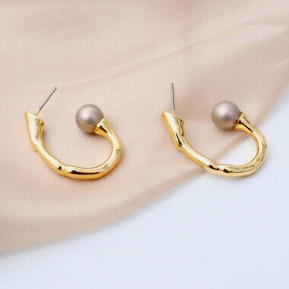 ALEXIS BITTAR Pearl Capped Twisted Gold Open Hoop Post Earrings - MSRP $195 - Picture 4 of 14